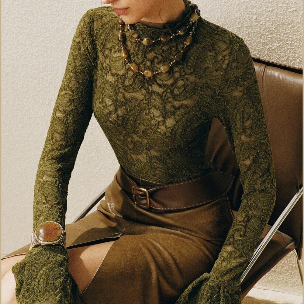 Olive Green Lace Mock Neck Top with Flounce Cuffs - Picture 6 of 8